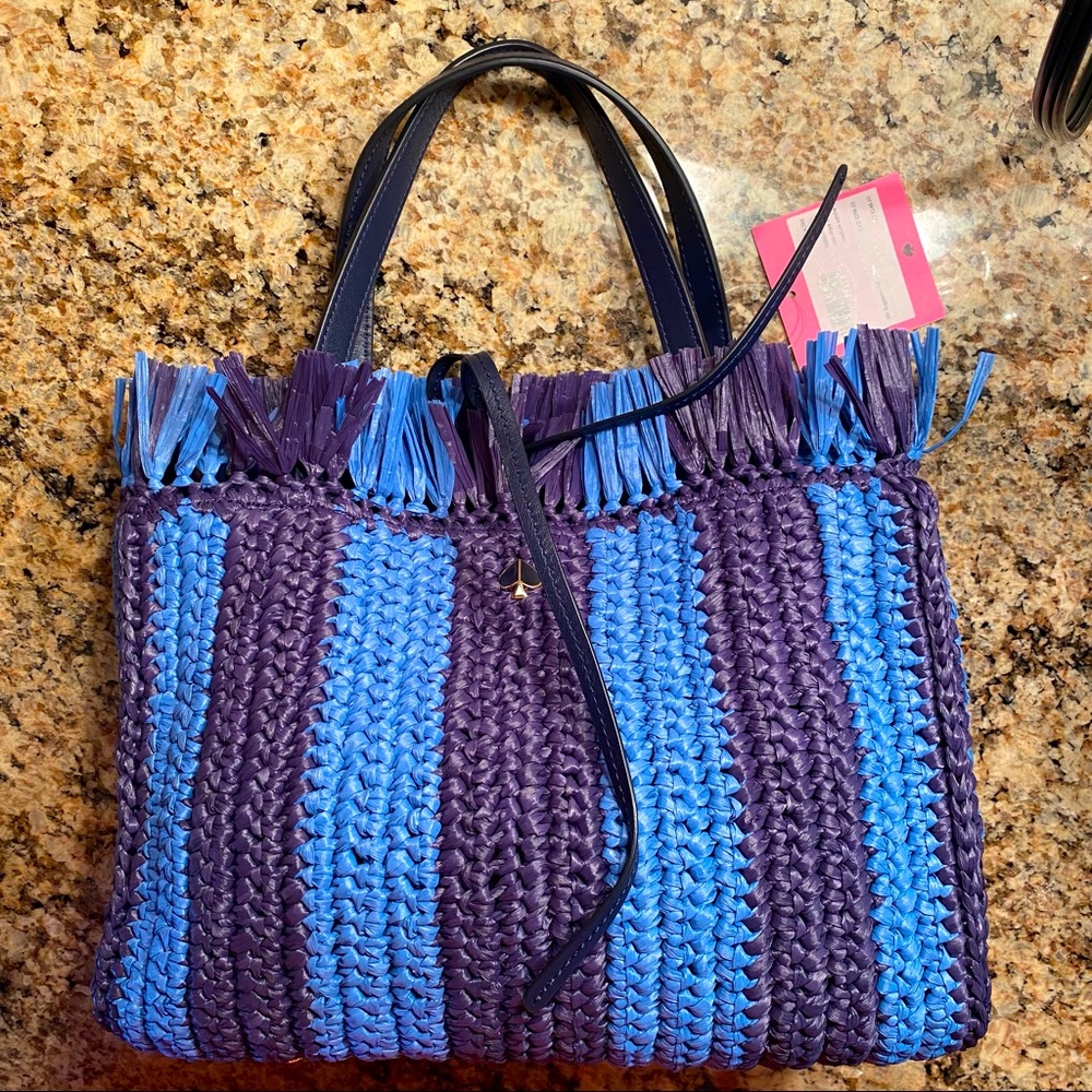 New $250 Kate spade blue stripe Sam Straw tote